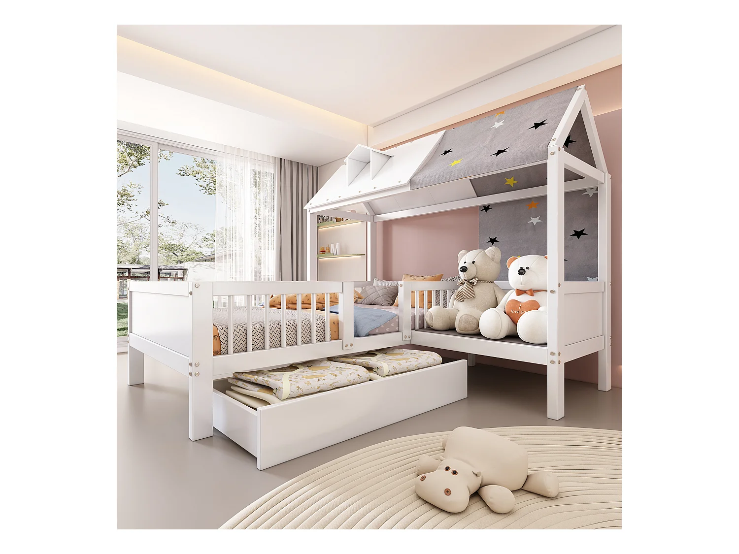 Lit cabane enfant 90×200 cm blanc, bois, avec tissu de tente, coussins et tiroirs inférieurs