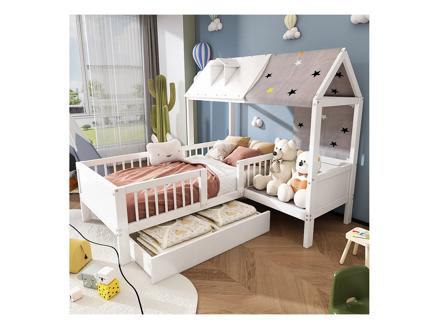 Lit cabane enfant 90×200 cm blanc, bois, avec tissu de tente, coussins et tiroirs inférieurs