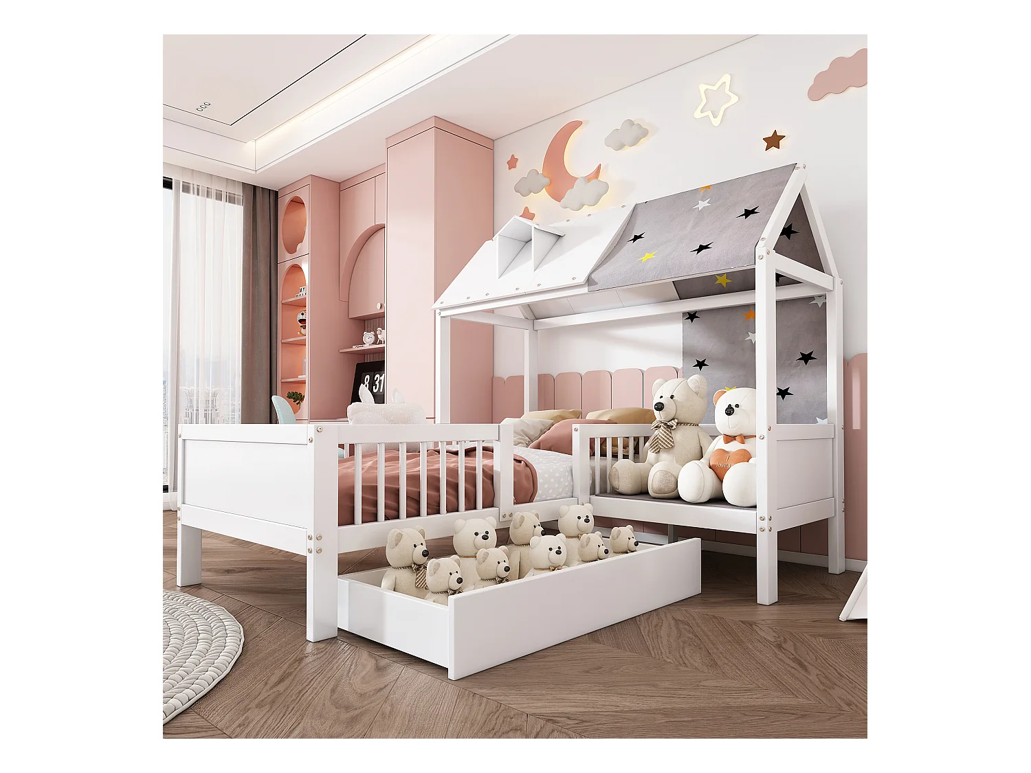 Lit cabane enfant 90×200 cm blanc, bois, avec tissu de tente, coussins et tiroirs inférieurs