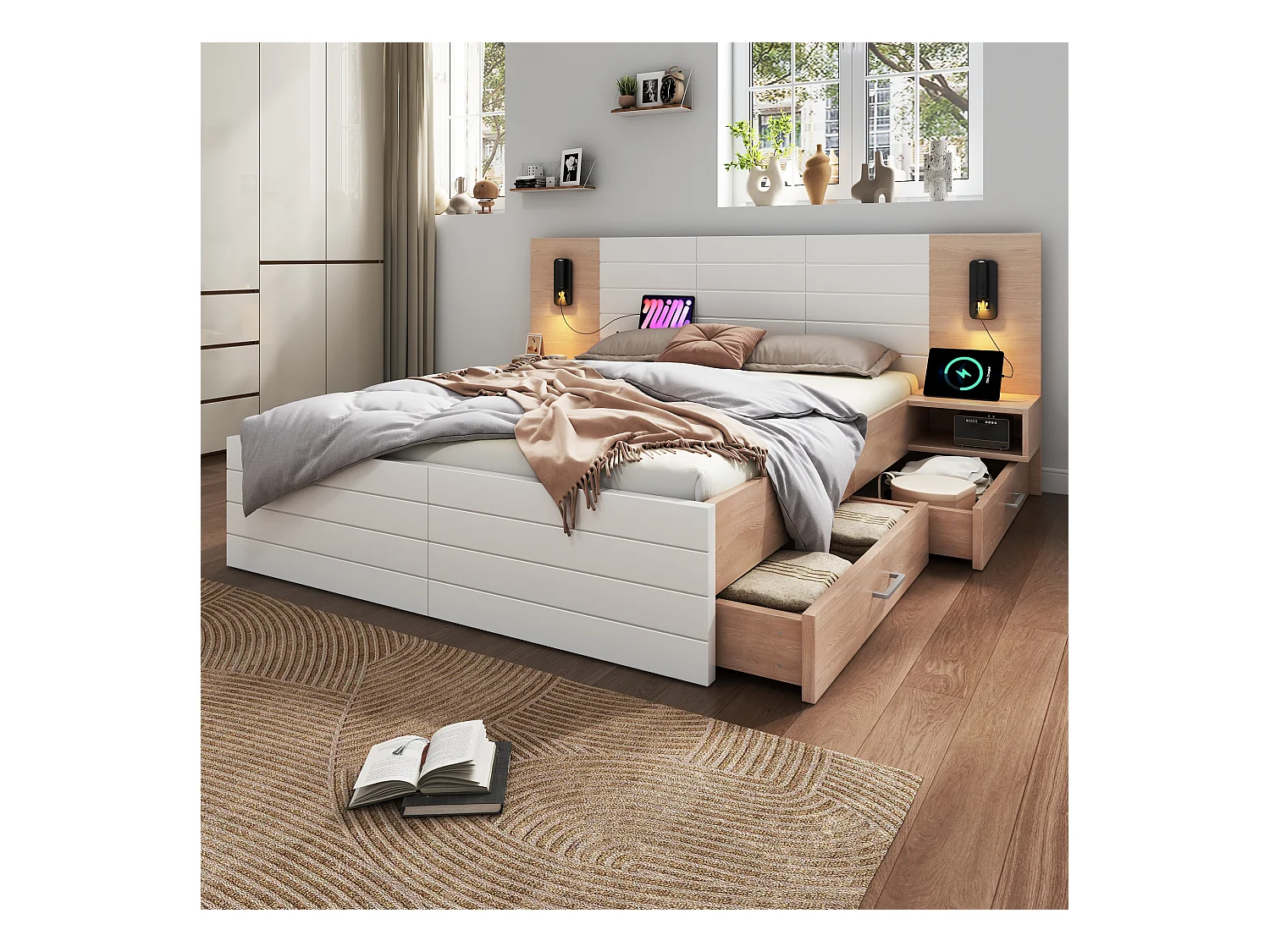 Lit double en bois 140×200 cm avec tête de lit à LED, 2 tiroirs et 2 tables de nuit, port USB, chêne/blanc