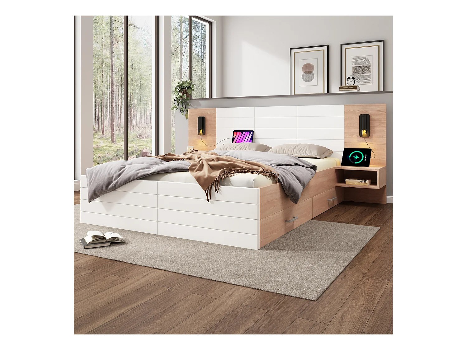 Lit double en bois 140×200 cm avec tête de lit à LED, 2 tiroirs et 2 tables de nuit, port USB, chêne/blanc