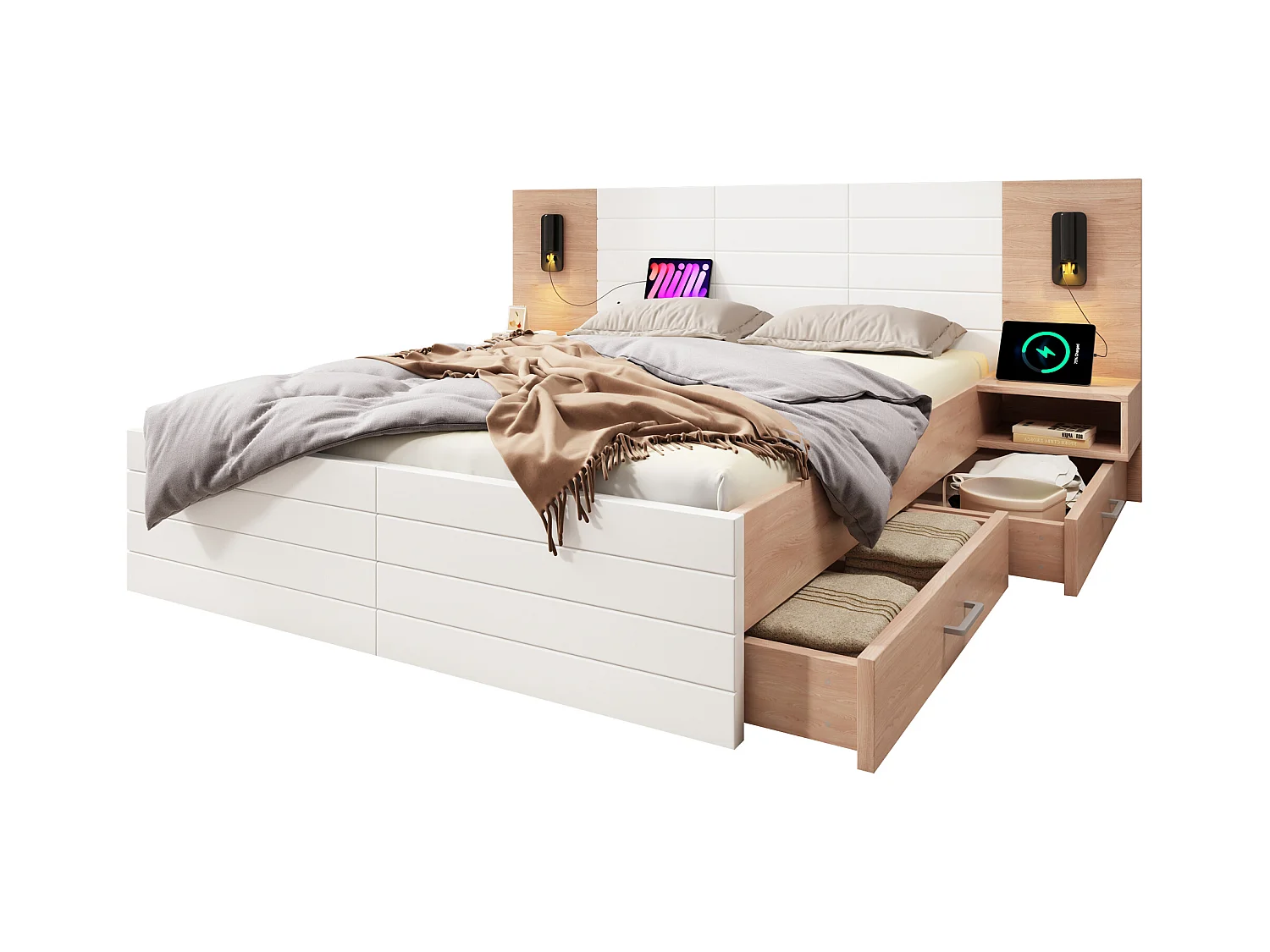 Lit double en bois 140×200 cm avec tête de lit à LED, 2 tiroirs et 2 tables de nuit, port USB, chêne/blanc