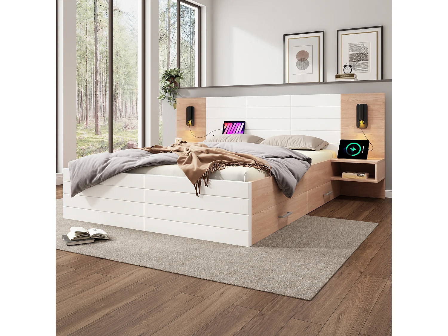 Lit double en bois 140×200 cm avec tête de lit à LED, 2 tiroirs et 2 tables de nuit, port USB, chêne/blanc