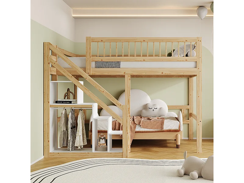 Lit en bois massif 140x200 cm naturel, avec escalier à rangement intégré et barrière sécurisée, design haut