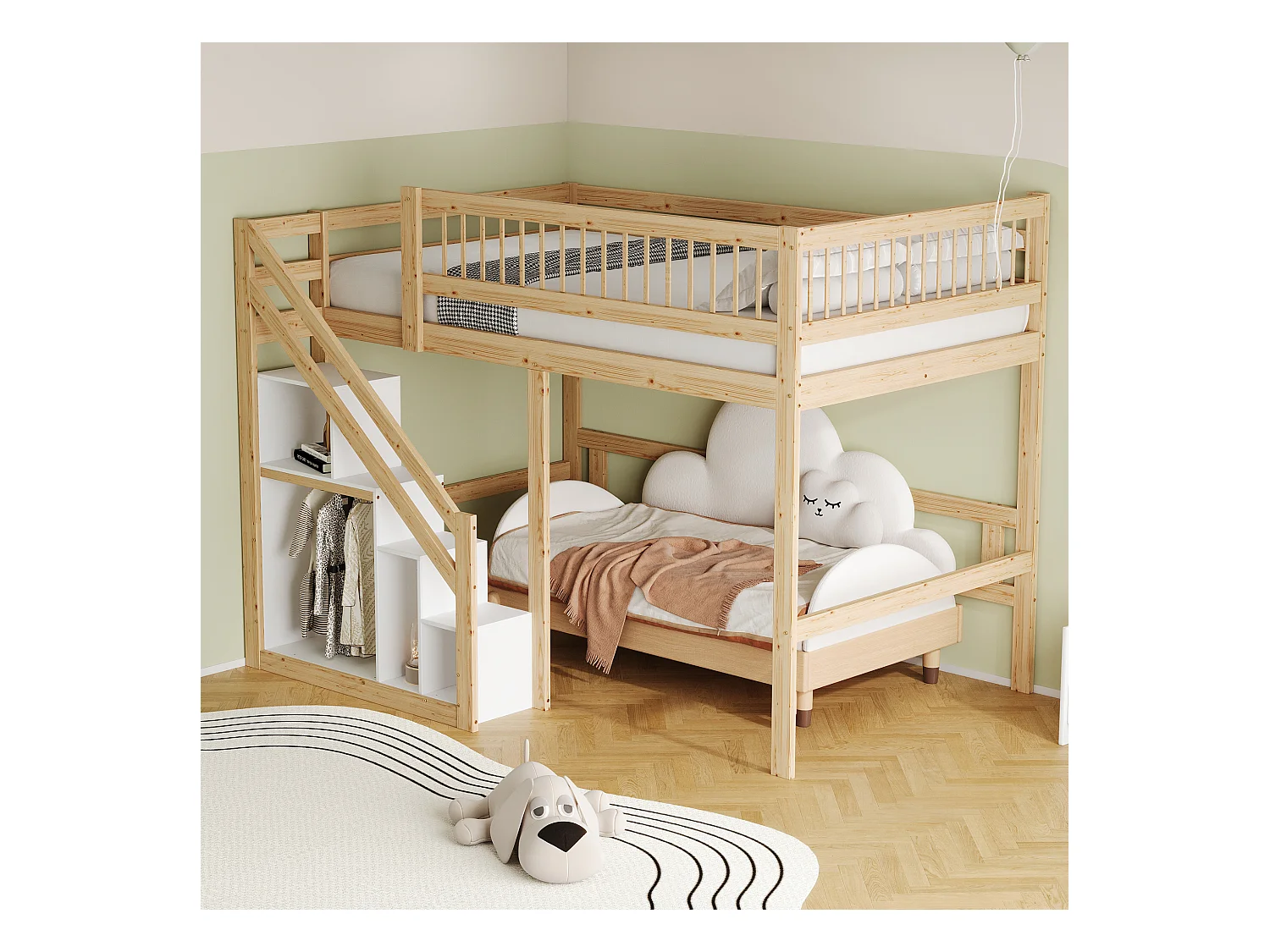 Lit en bois massif 140x200 cm naturel, avec escalier à rangement intégré et barrière sécurisée, design haut