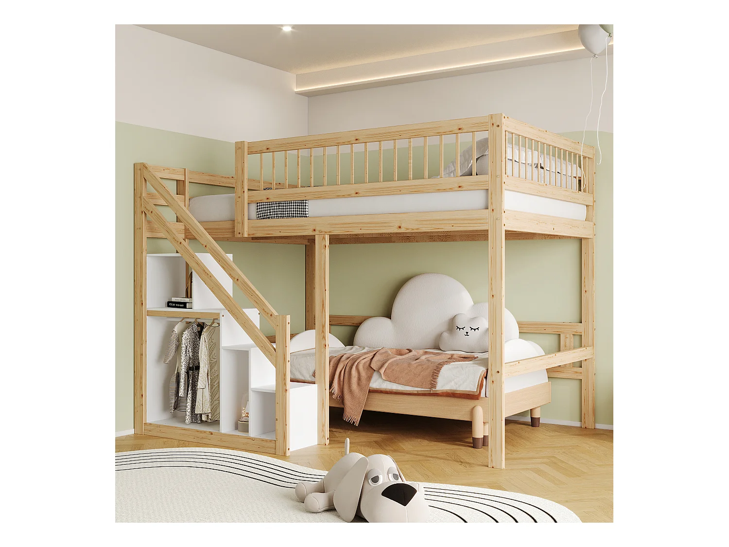 Lit en bois massif 140x200 cm naturel, avec escalier à rangement intégré et barrière sécurisée, design haut