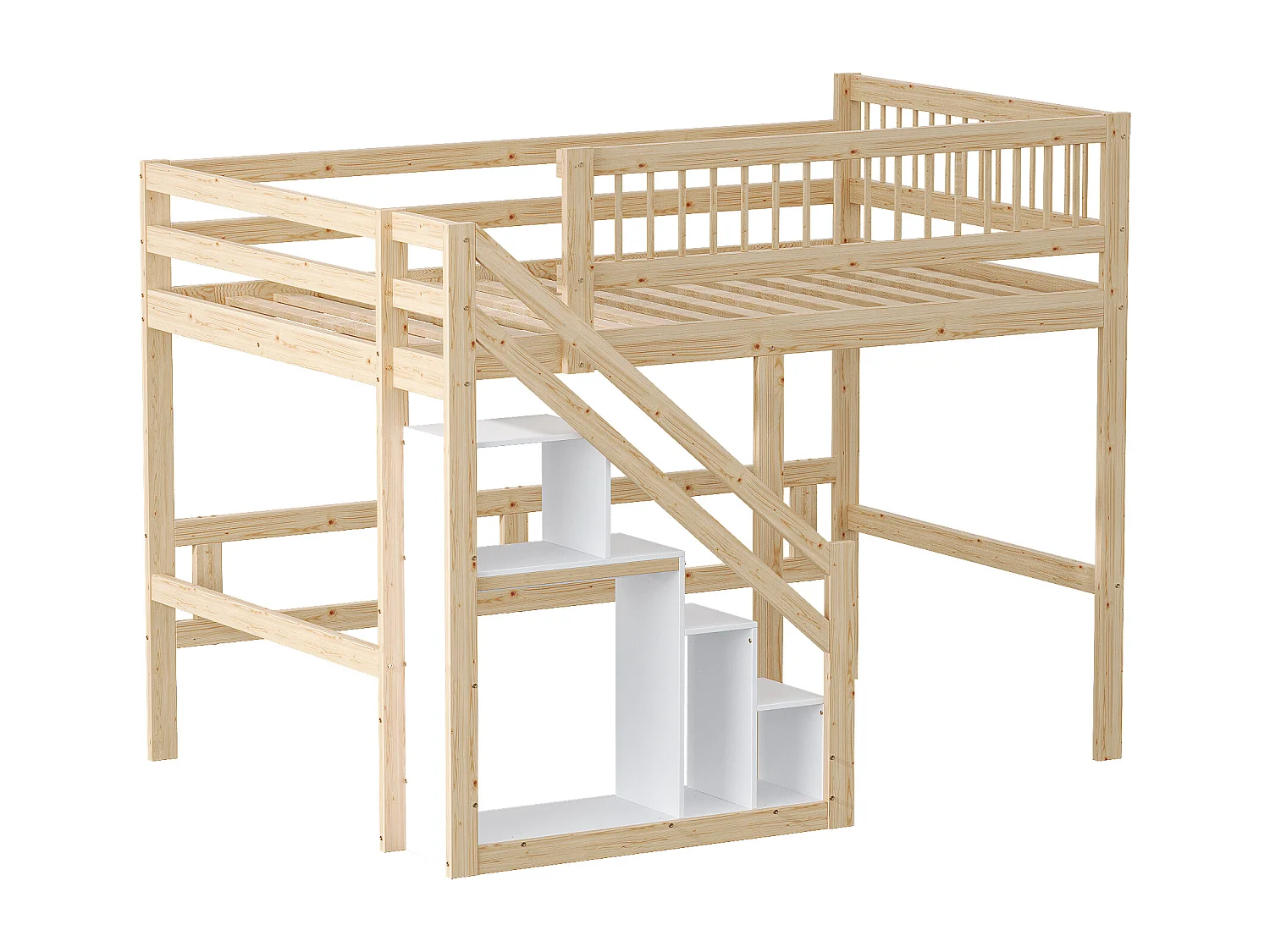 Lit en bois massif 140x200 cm naturel, avec escalier à rangement intégré et barrière sécurisée, design haut