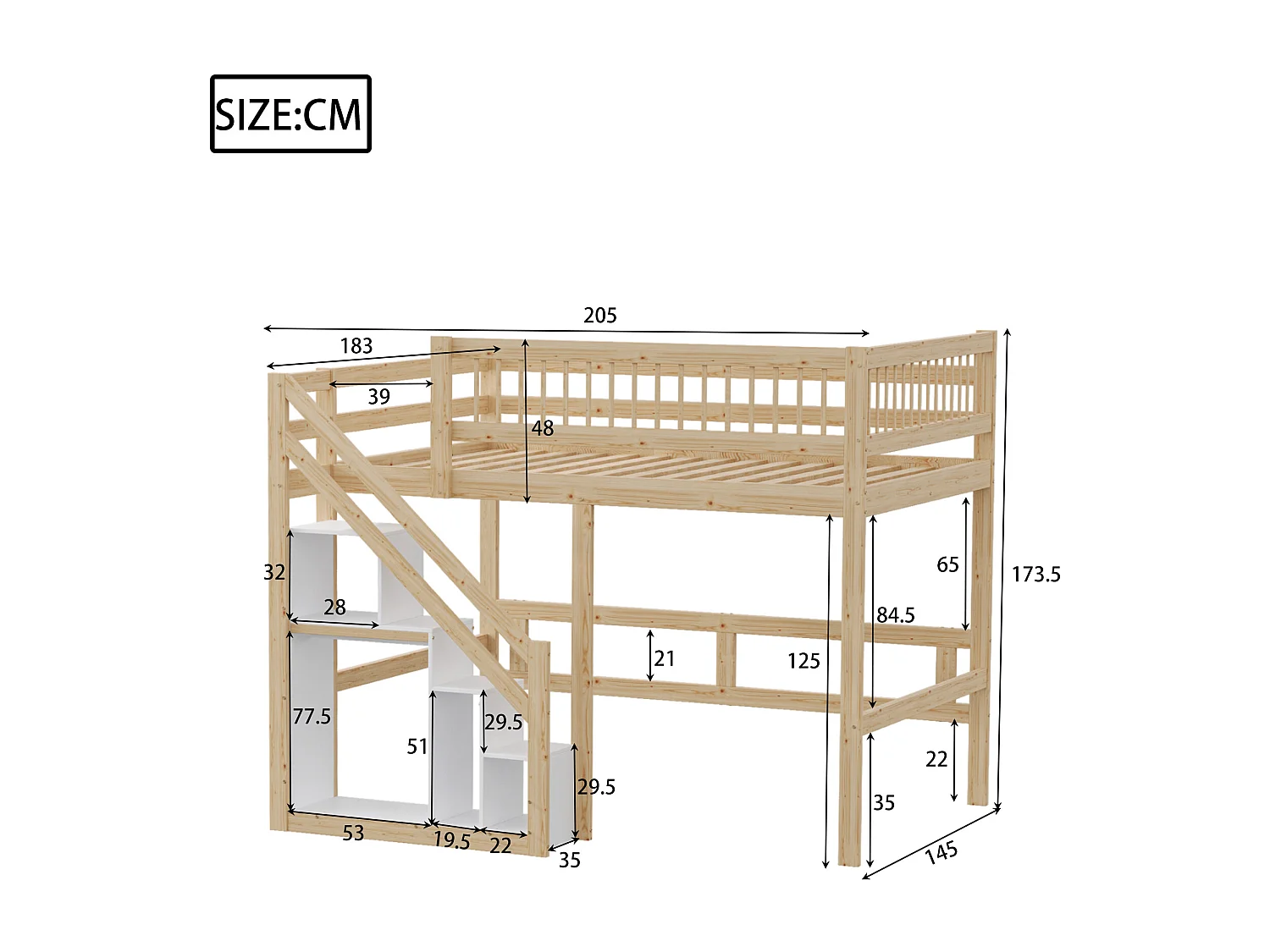 Lit en bois massif 140x200 cm naturel, avec escalier à rangement intégré et barrière sécurisée, design haut