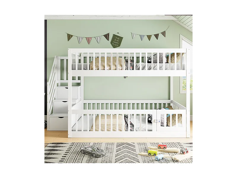 Lit mezzanine 140x200 cm, lit simple bois massif, échelle sécurisée, tiroirs de rangement, lit enfant, lit junior, blanc