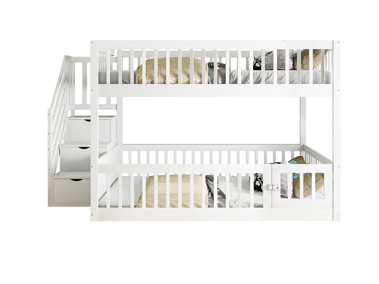 Lit mezzanine 140x200 cm, lit simple bois massif, échelle sécurisée, tiroirs de rangement, lit enfant, lit junior, blanc