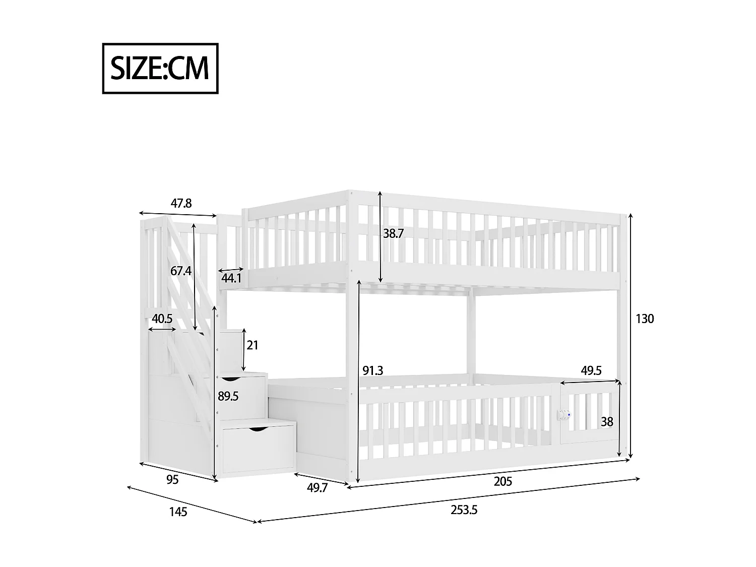 Lit mezzanine 140x200 cm, lit simple bois massif, échelle sécurisée, tiroirs de rangement, lit enfant, lit junior, blanc