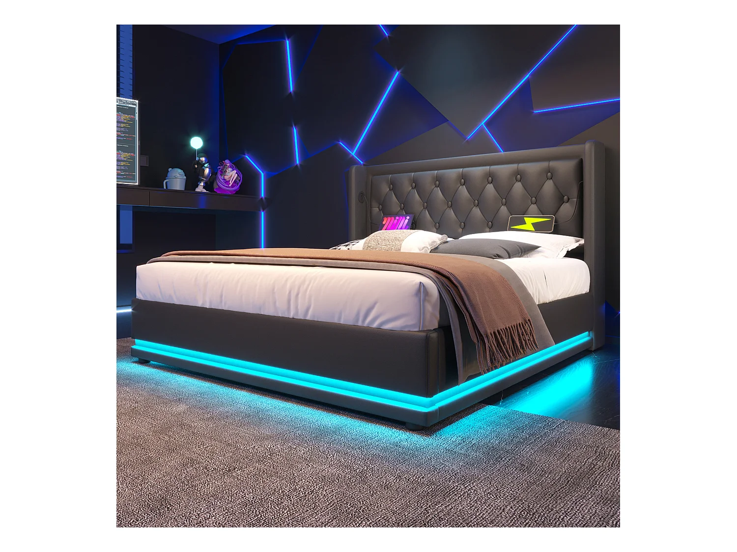 Lit tapissé 140x200 cm double, LED 3 côtés, USB-C, hydraulique, tête rembourrée, PU noir (Avec matelas)