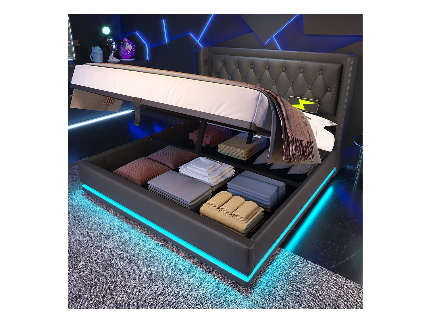 Lit tapissé 140x200 cm double, LED 3 côtés, USB-C, hydraulique, tête rembourrée, PU noir (Avec matelas)