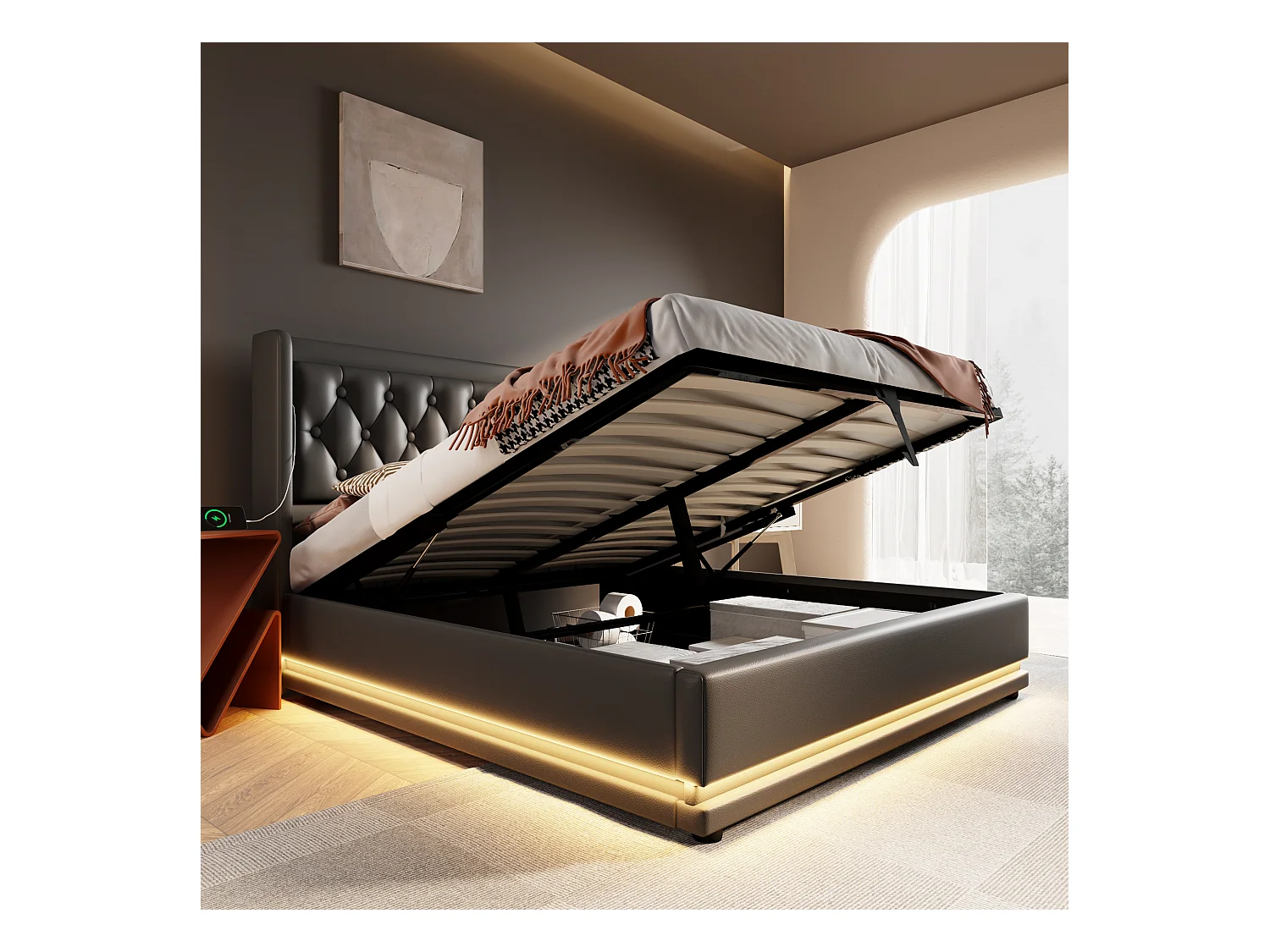 Lit tapissé 140x200 cm double, LED 3 côtés, USB-C, hydraulique, tête rembourrée, PU noir (Avec matelas)