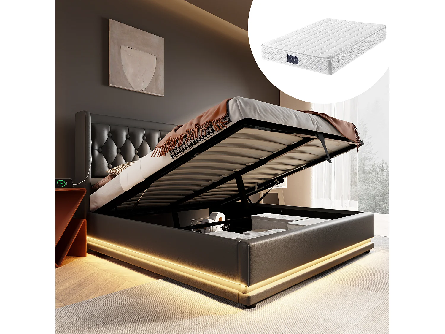 Lit tapissé 140x200 cm double, LED 3 côtés, USB-C, hydraulique, tête rembourrée, PU noir (Avec matelas)