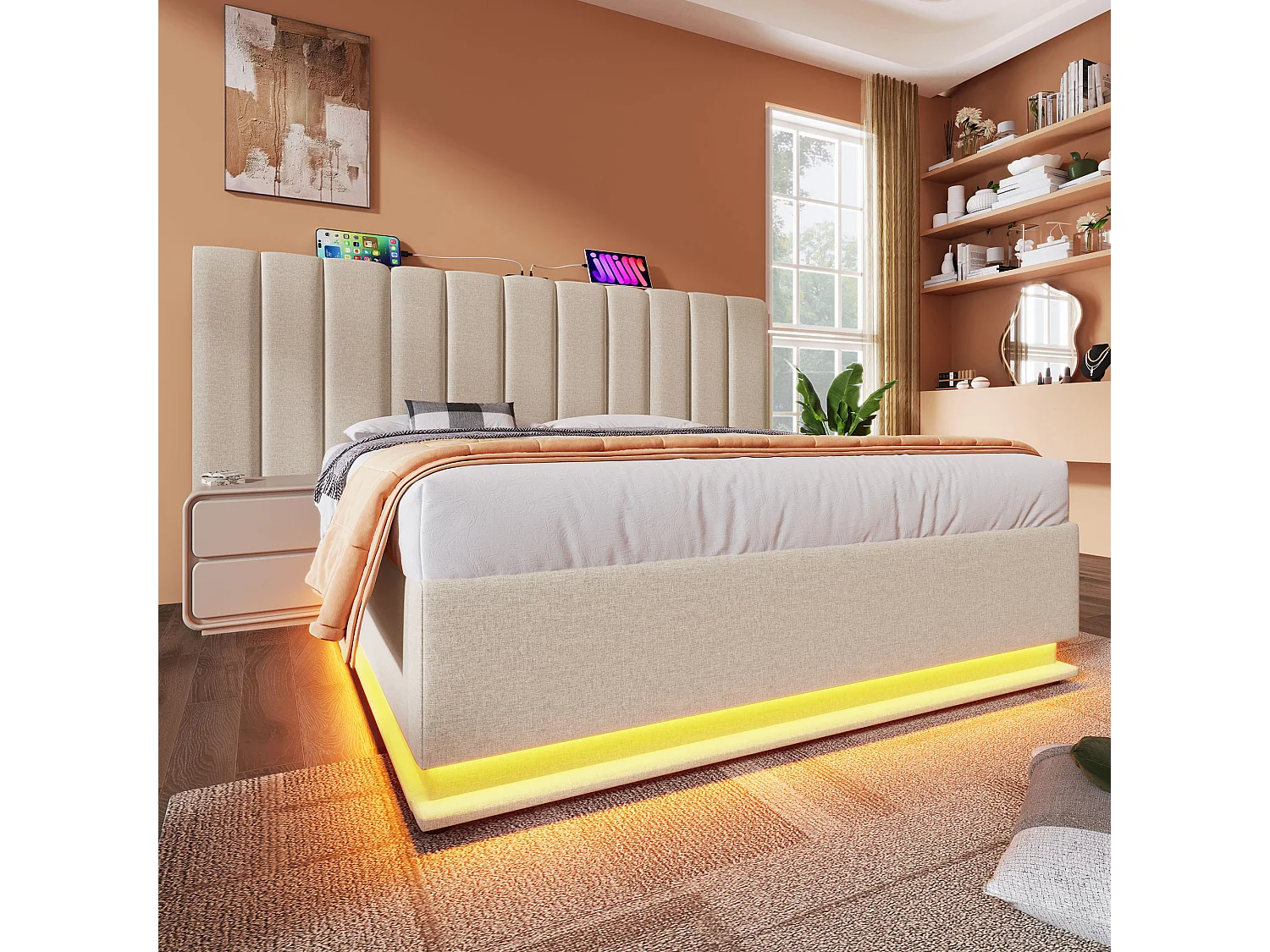 Lit tapissé 160x200 cm double, LED App, USB-C, rangement, cadre avec lattes, tissu lin beige (Avec matelas, sans chevet)
