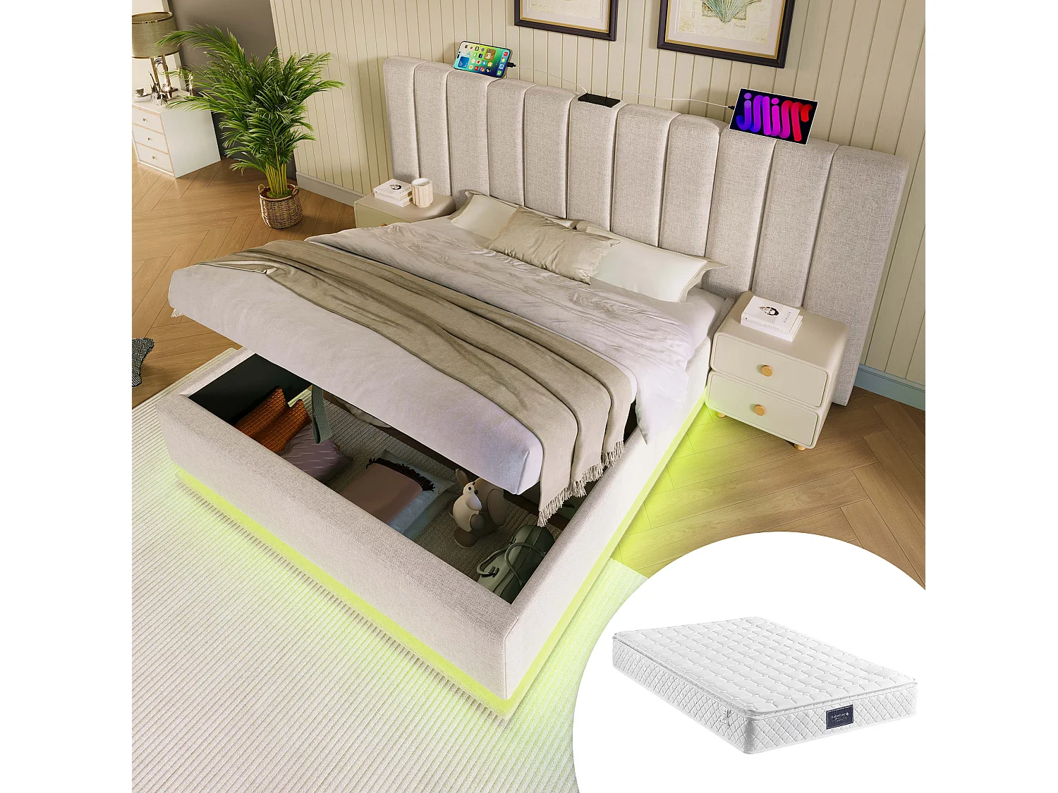 Lit tapissé 160x200 cm double, LED App, USB-C, rangement, cadre avec lattes, tissu lin beige (Avec matelas, sans chevet)