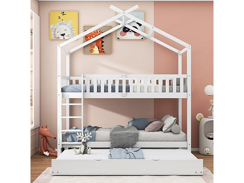 Lit gigogne enfant 90×200 cm avec 3 couchages, structure en bois massif blanc, gain de place