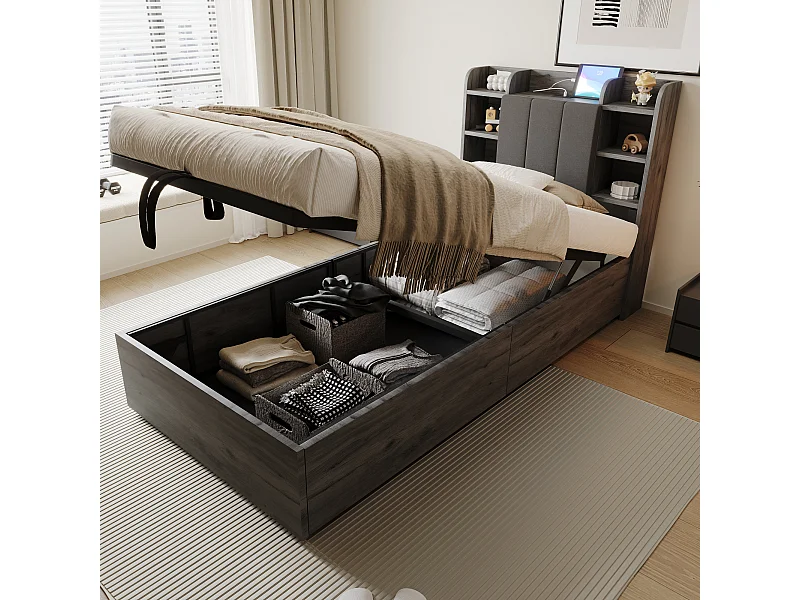 Lit bois 90x200 cm, lit hydraulique, tête de lit avec rangement, ports USB et Type-C, lit simple, lit junior, gris, sans matelas