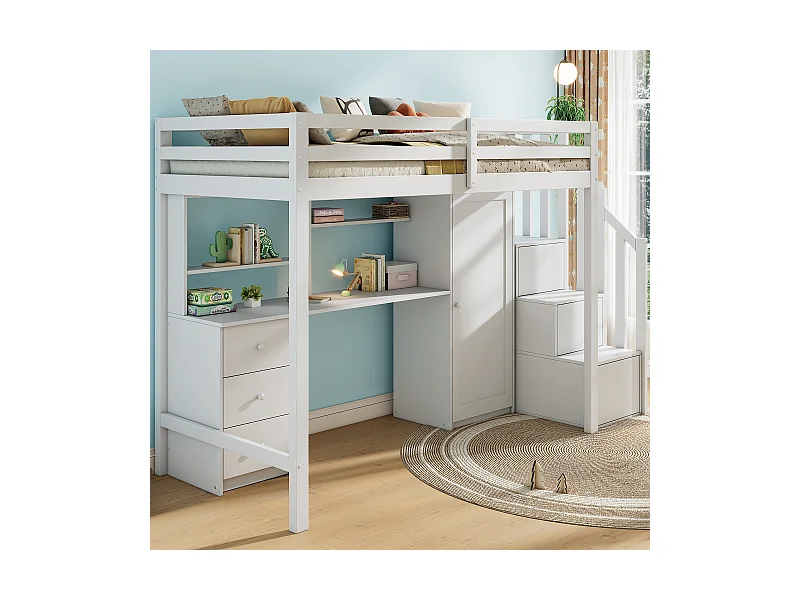 Lit superposé enfant 90×200 cm blanc, avec bureau et armoire, escaliers à tiroirs, étagères, lit multifonction bois MDF