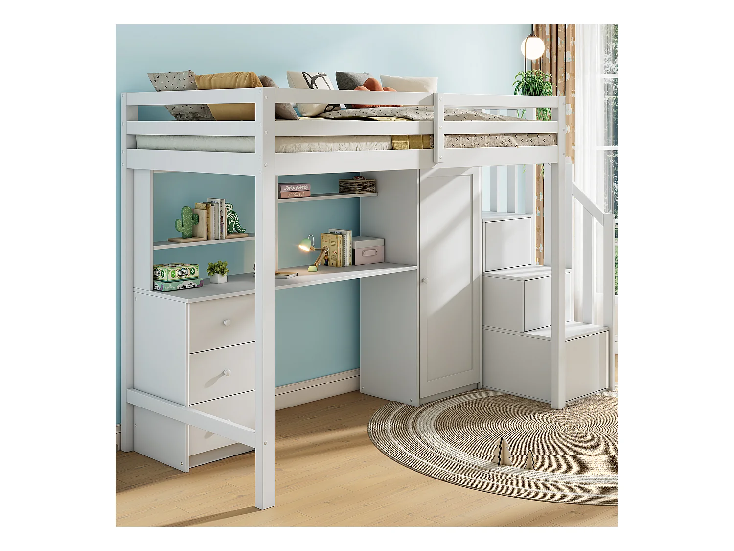 Lit superposé enfant 90×200 cm blanc, avec bureau et armoire, escaliers à tiroirs, étagères, lit multifonction bois MDF