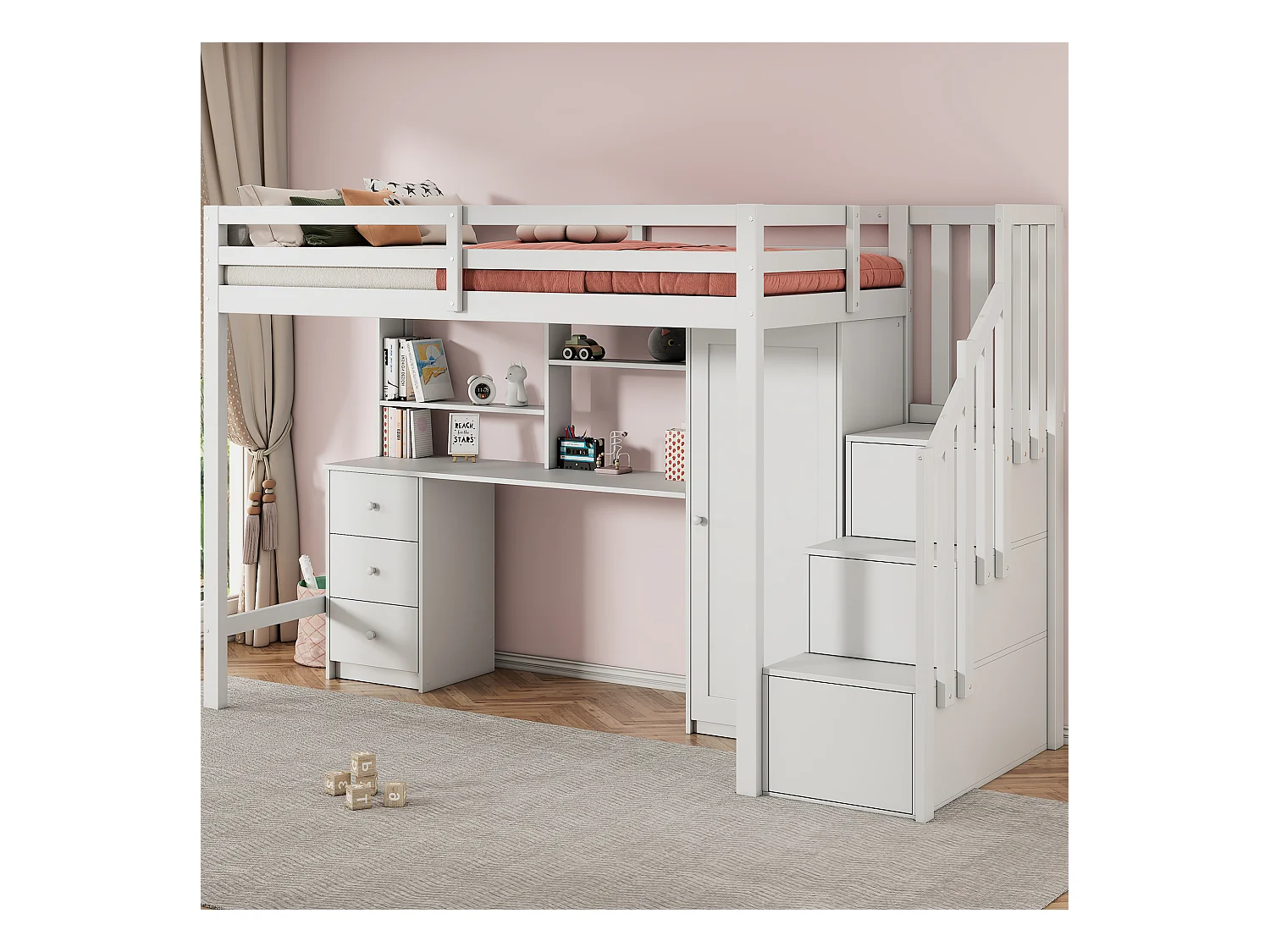 Lit superposé enfant 90×200 cm blanc, avec bureau et armoire, escaliers à tiroirs, étagères, lit multifonction bois MDF