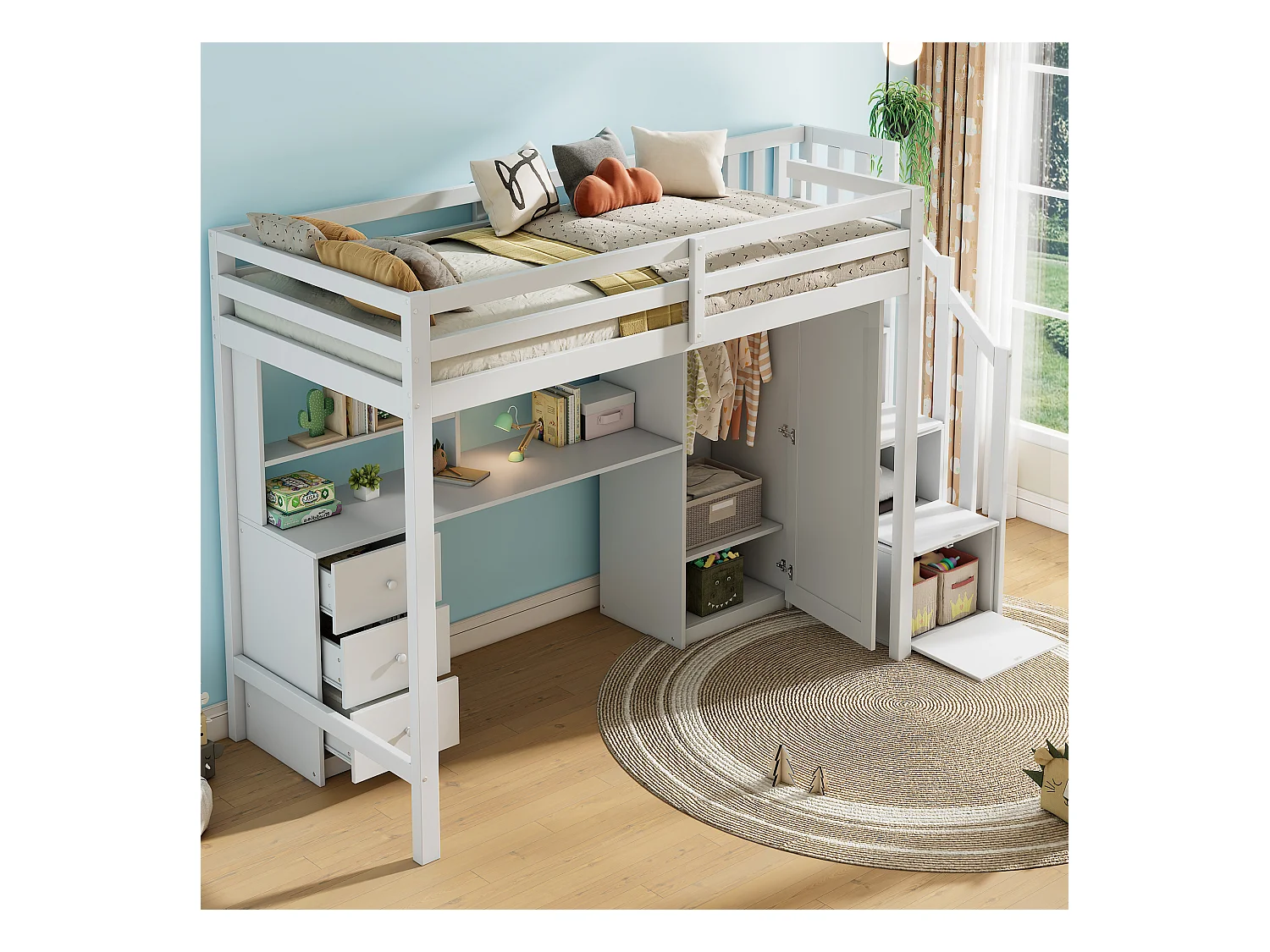 Lit superposé enfant 90×200 cm blanc, avec bureau et armoire, escaliers à tiroirs, étagères, lit multifonction bois MDF