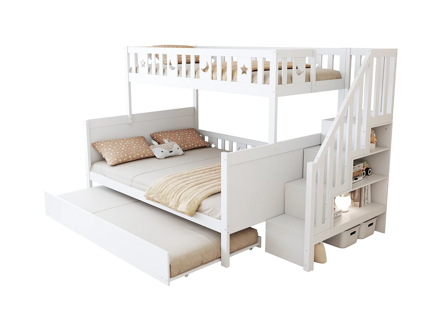 Lit superposé 90x200/140x200 cm blanc, en bois massif, avec lit tiroir, sommier et échelle sécurisée