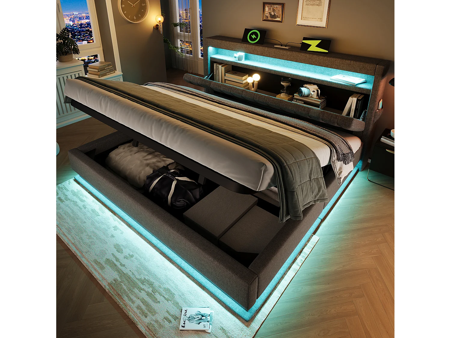 Lit tapissé 160x200 cm double, tête avec rangement, LED tête et pieds, USB/Type-C, hydraulique, tissu lin gris (Avec matelas)