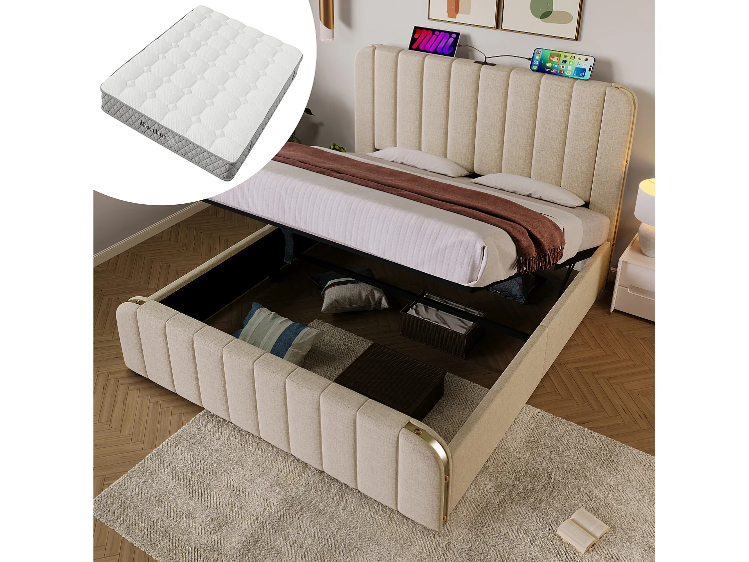 Lit tapissé 160x200 cm double, tête avec liseré doré, USB-C, hydraulique, tissu lin beige, charge 200 kg (Avec matelas)