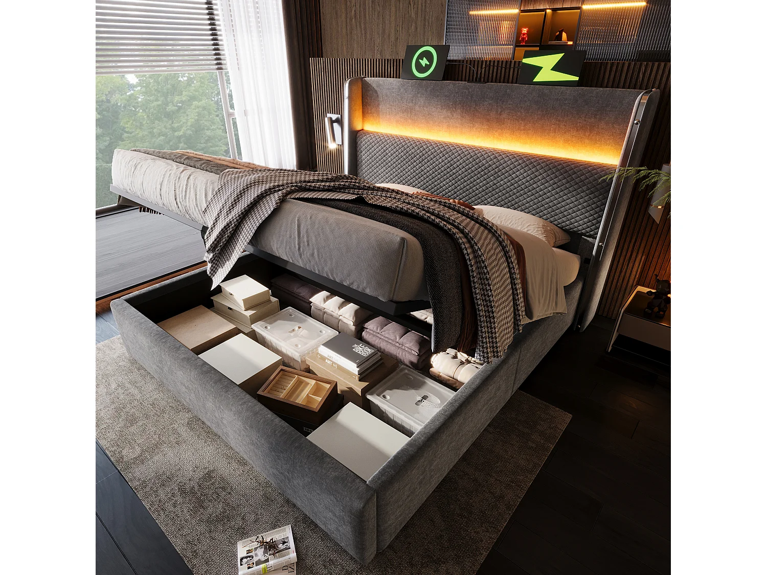 Lit à rangement hydraulique 140x200 cm avec tête haute, LED, USB/Type-C, tissu lin gris (Avec matelas)