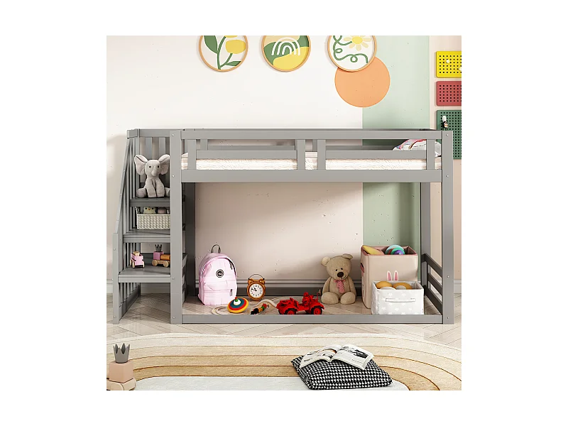 Lit superposé bas 90x200 cm gris, cadre en bois massif avec échelle sécurisée et sommier intégré