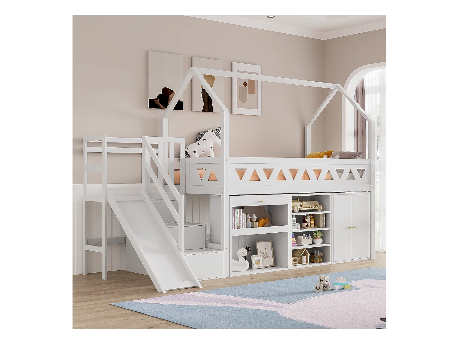 Lit enfant multifonction 90×200 cm blanc, bois massif, avec toboggan, escaliers, tiroirs et porte magnétique