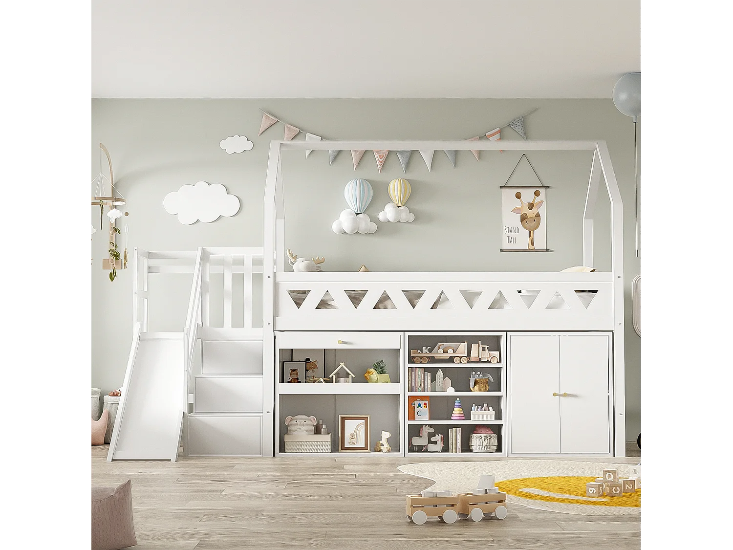 Lit enfant multifonction 90×200 cm blanc, bois massif, avec toboggan, escaliers, tiroirs et porte magnétique