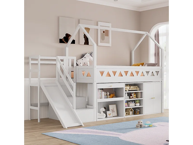 Lit enfant multifonction 90×200 cm blanc, bois massif, avec toboggan, escaliers, tiroirs et porte magnétique