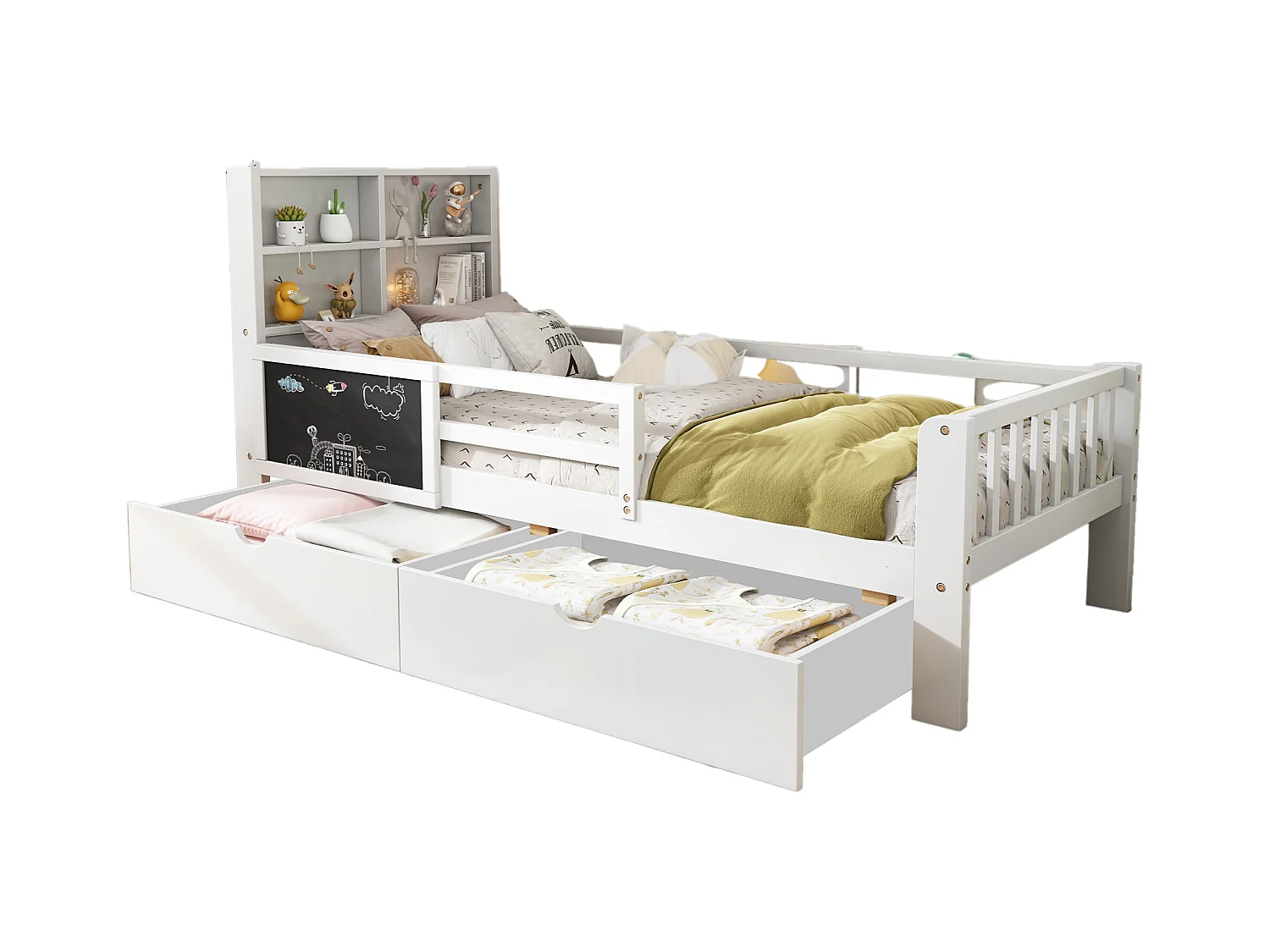 Lit enfant multifonction 90×200 blanc avec tiroirs et tableau, structure bois, sans matelas