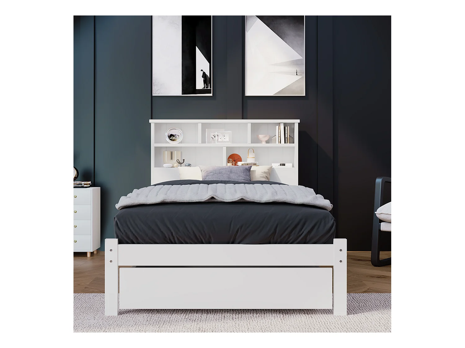 Lit simple en bois massif 90×200 cm avec tiroirs et étagère, adapté adultes et enfants, blanc