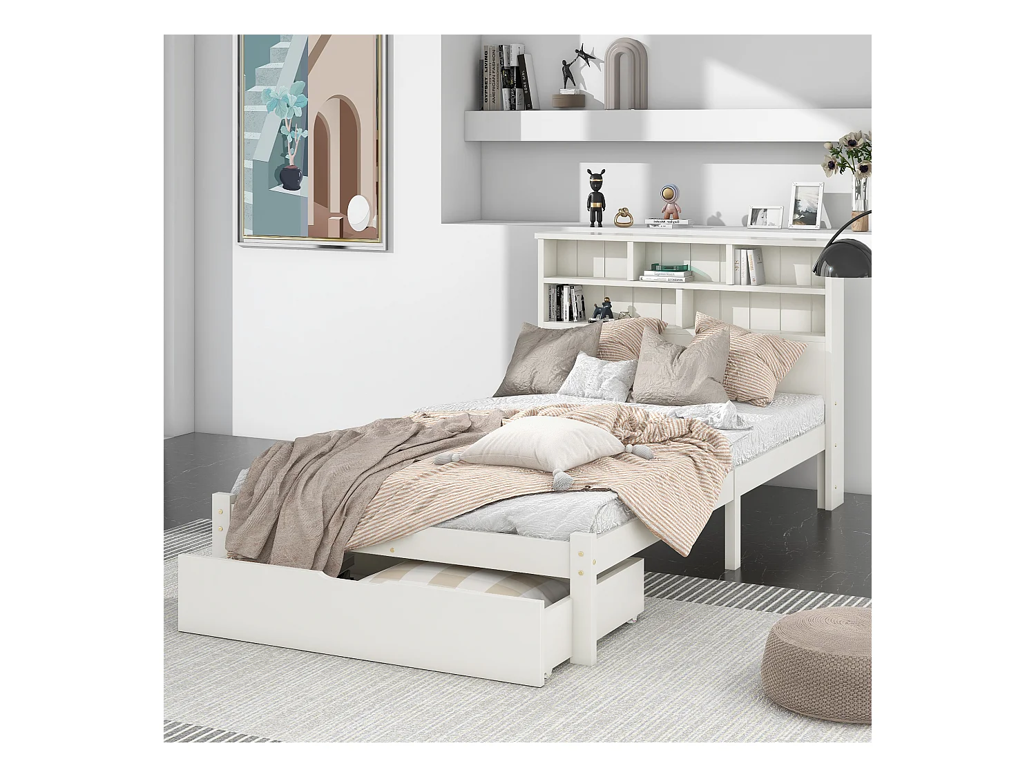 Lit simple en bois massif 90×200 cm avec tiroirs et étagère, adapté adultes et enfants, blanc