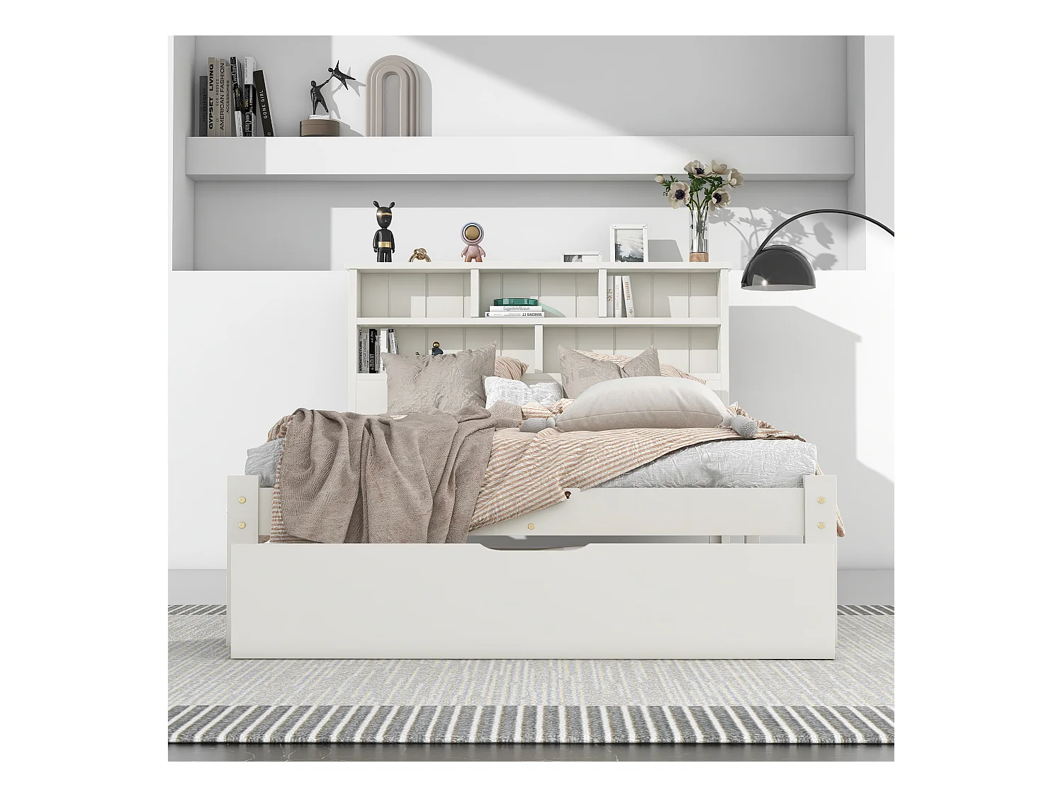 Lit simple en bois massif 90×200 cm avec tiroirs et étagère, adapté adultes et enfants, blanc