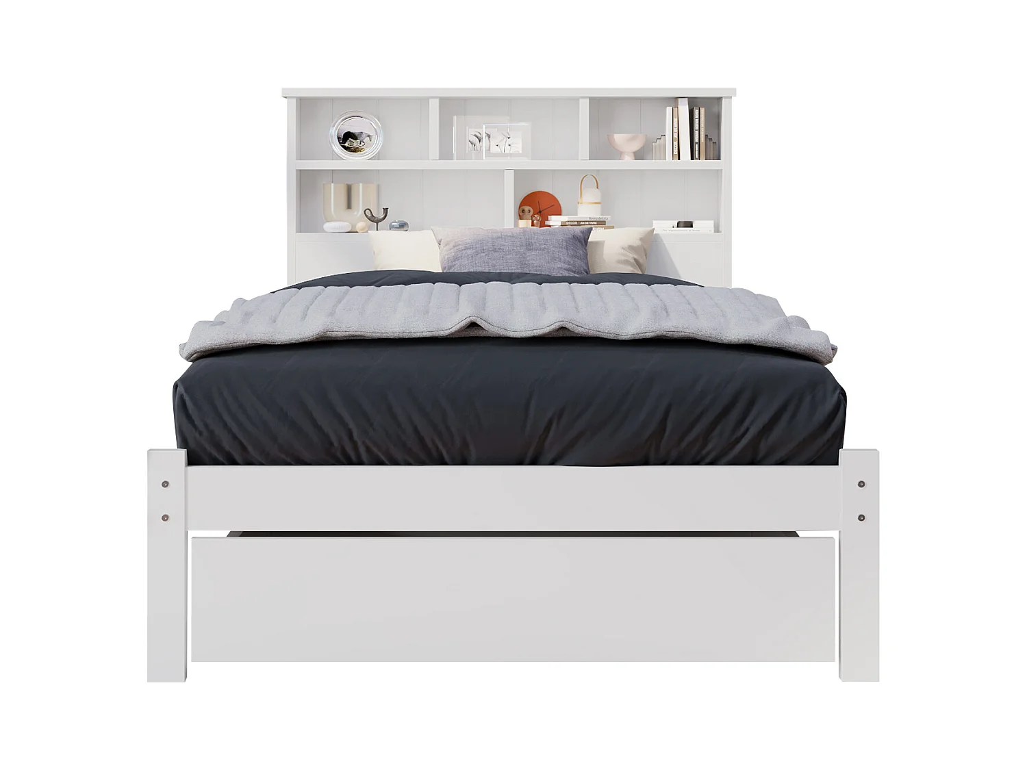 Lit simple en bois massif 90×200 cm avec tiroirs et étagère, adapté adultes et enfants, blanc