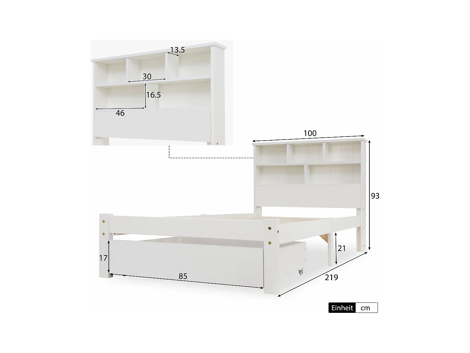 Lit simple en bois massif 90×200 cm avec tiroirs et étagère, adapté adultes et enfants, blanc