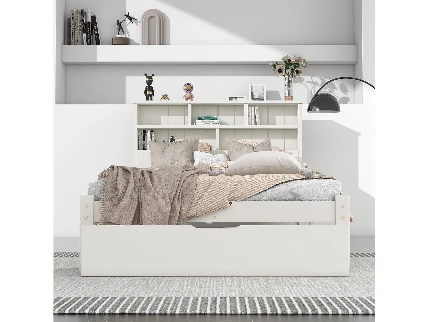 Lit simple en bois massif 90×200 cm avec tiroirs et étagère, adapté adultes et enfants, blanc