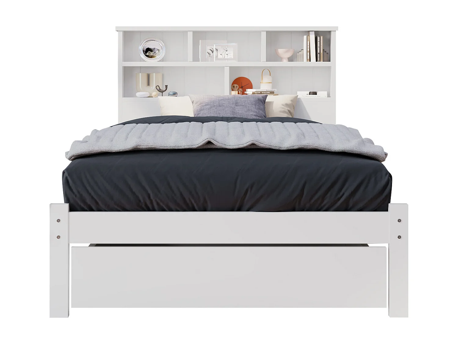 Lit simple en bois massif 90×200 cm avec tiroirs et étagère, adapté adultes et enfants, blanc