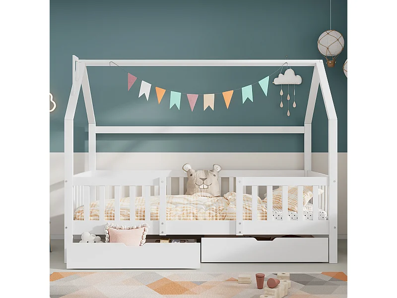 Lit cabane enfant 90×200 cm avec cheminée, 2 tiroirs de rangement, sommier en pin massif blanc