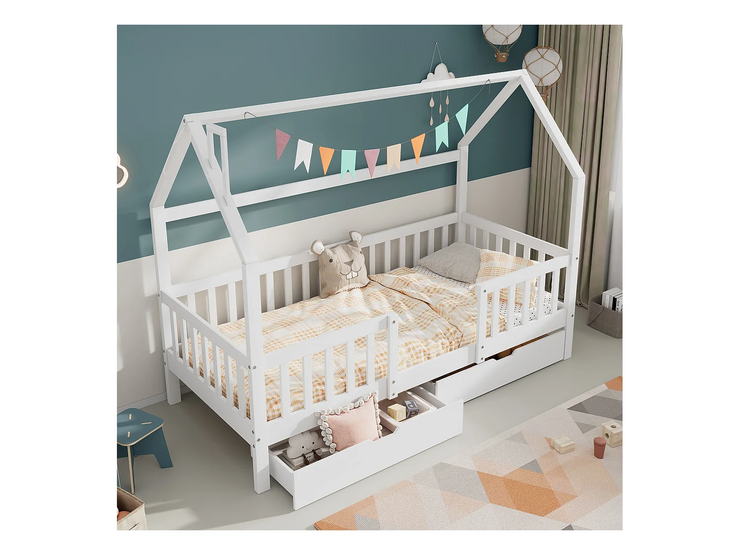 Lit cabane enfant 90×200 cm avec cheminée, 2 tiroirs de rangement, sommier en pin massif blanc