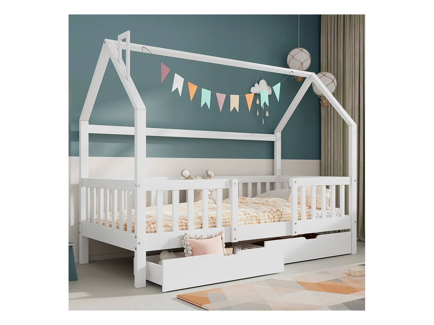 Lit cabane enfant 90×200 cm avec cheminée, 2 tiroirs de rangement, sommier en pin massif blanc