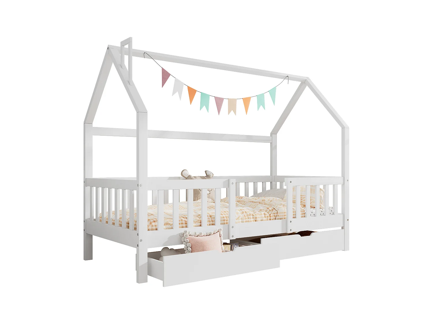 Lit cabane enfant 90×200 cm avec cheminée, 2 tiroirs de rangement, sommier en pin massif blanc