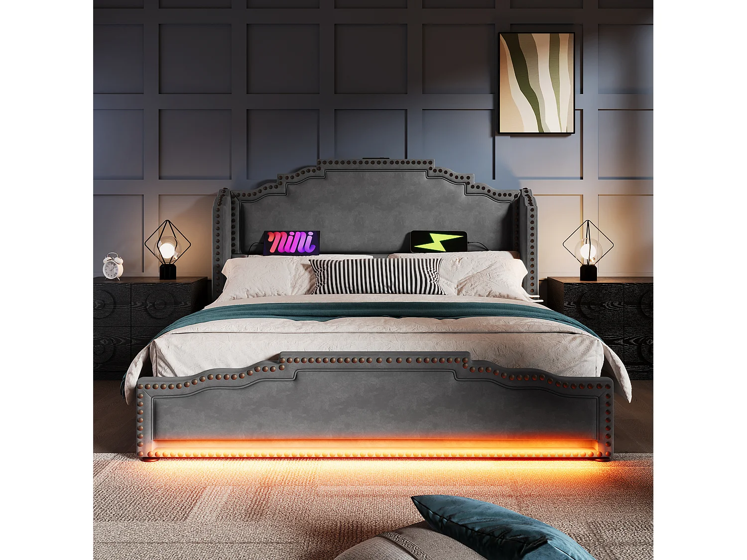 Lit tapissé 140x200 cm double, 4 tiroirs, LED, USB-C, rangement, tissu velours gris, lit jeune (Avec matelas)