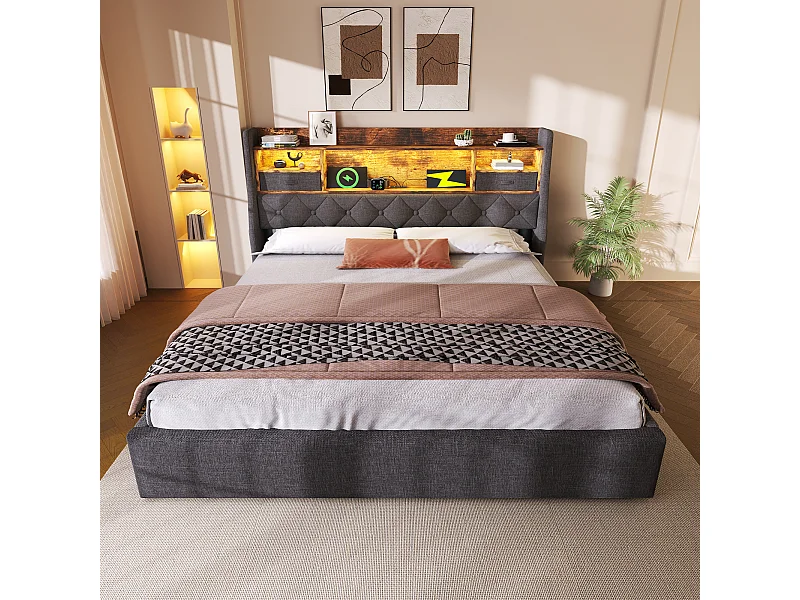 Lit coffre 140x200 cm avec rangement hydraulique, LED, 4 ports USB/Type-C, tissu lin gris (Avec matelas)