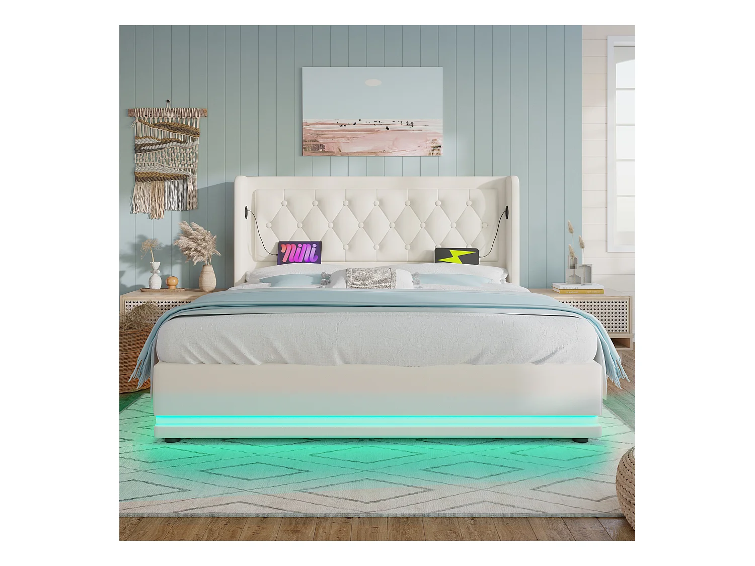 Lit tapissé 140x200 cm double, LED 3 côtés, USB-C, hydraulique, tête rembourrée, PU blanc (Avec matelas)